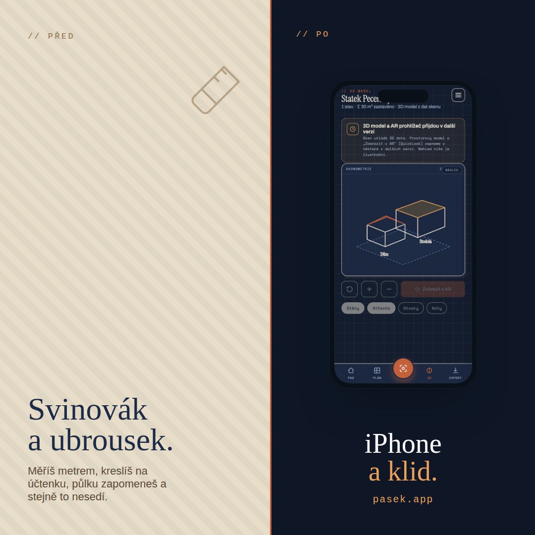 PÁSEK koláž před a po — svinovák a ubrousek versus iPhone a klid
